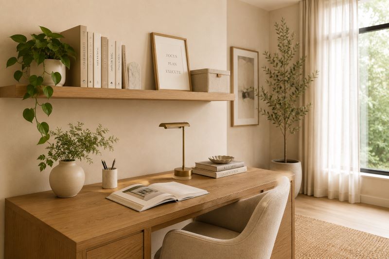 Beige home office floating shelf above oak desk
