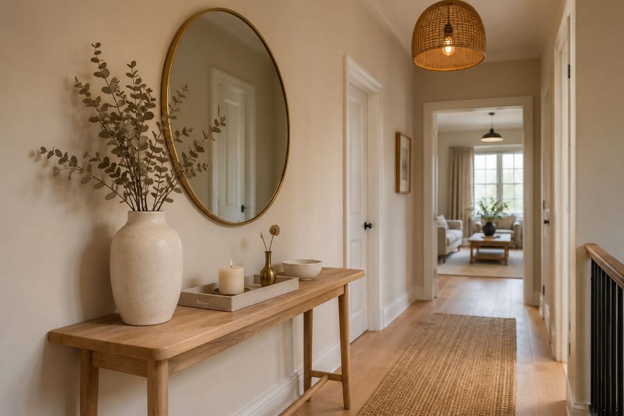 Curated accessories on console table in this hallway