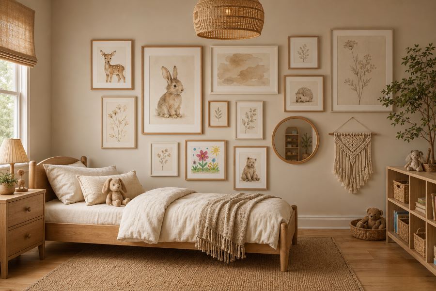 Neutral gallery wall beige kids bedroom with art work design
