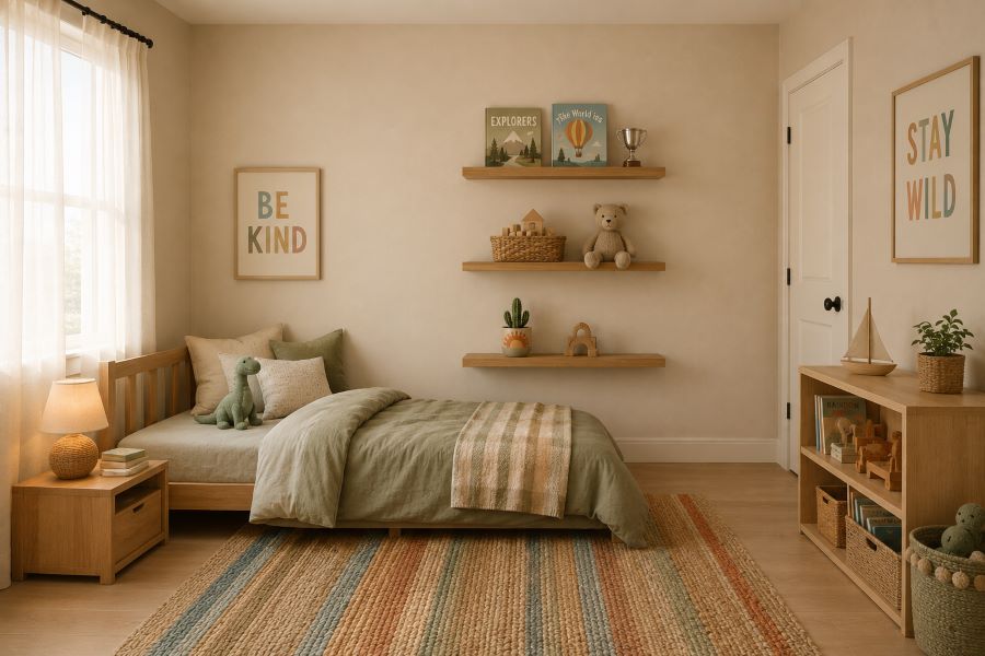 Charming beige kids room floating shelf decor with wooden toys