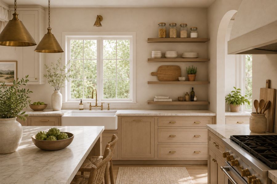 Open beige kitchen with wood floating shelves and ceramics