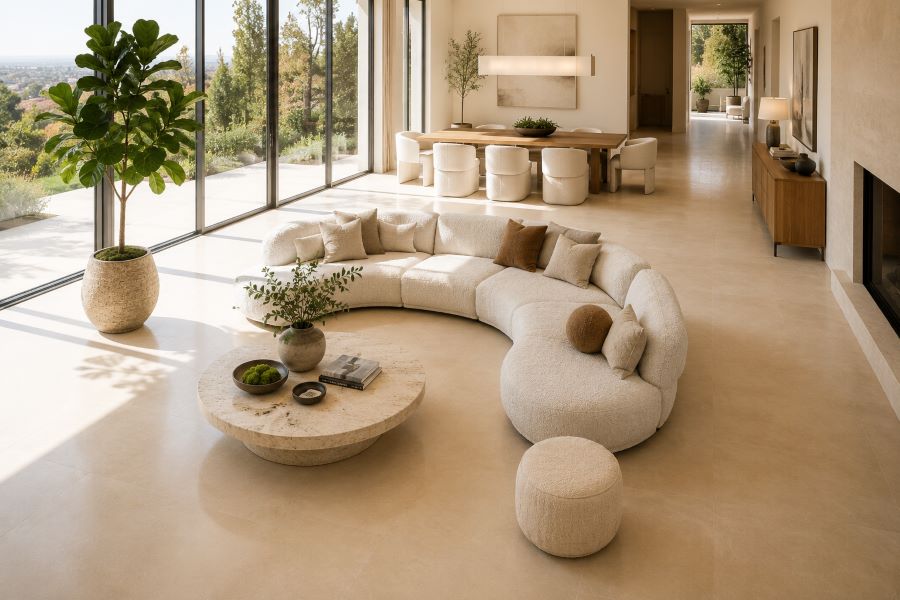 large format beige floor for open plan living room