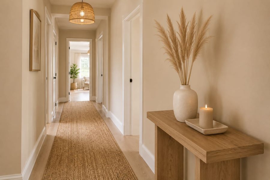 Beige hallway with jute runner and dried stems console