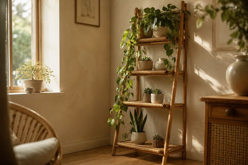 Rattan ladder shelf with trailing pothos and succulents