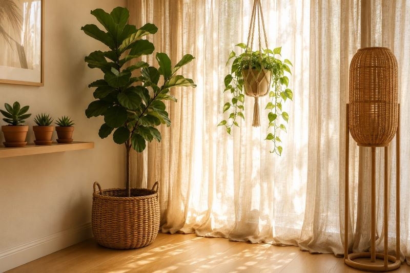 Linen curtain backdrop for beige indoor plants corner