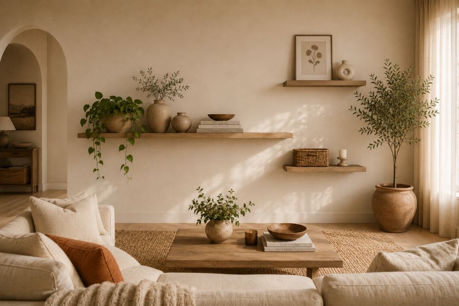 living room floating shelf with ceramic vases and pothos