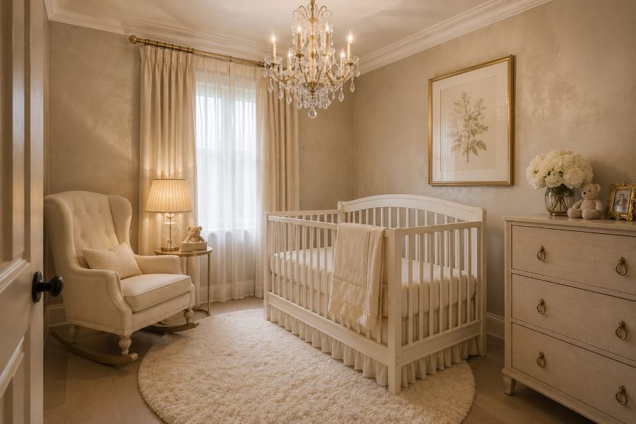 Luxury beige nursery with crystal chandelier crib