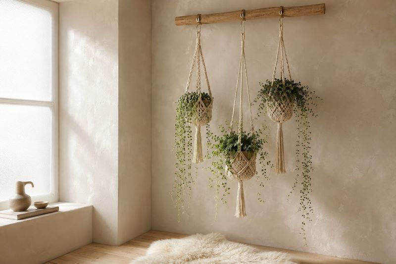 Cream macrame hanging planters with trailing ivy corner