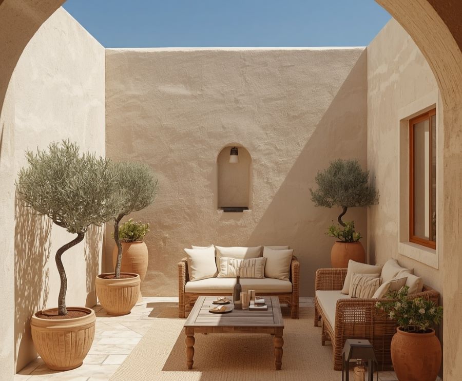 Mediterranean terrace with terracotta planters and beige decor