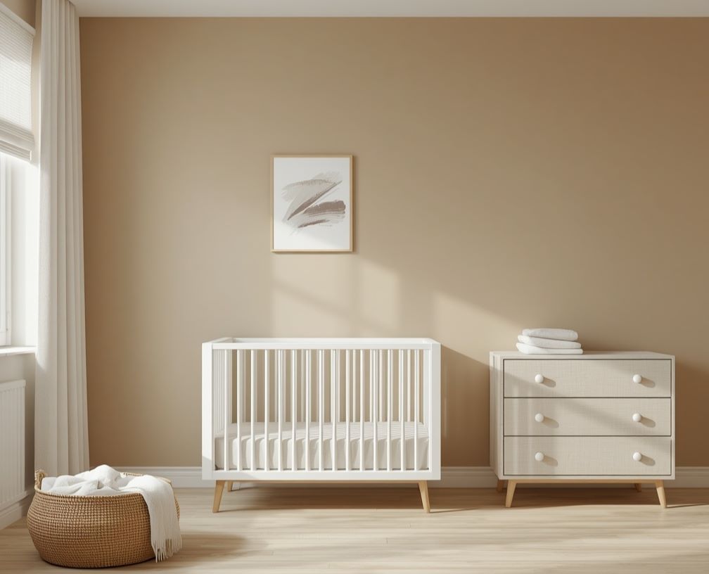 Minimalist nursery with clean lined white crib beige dresser and storage basket