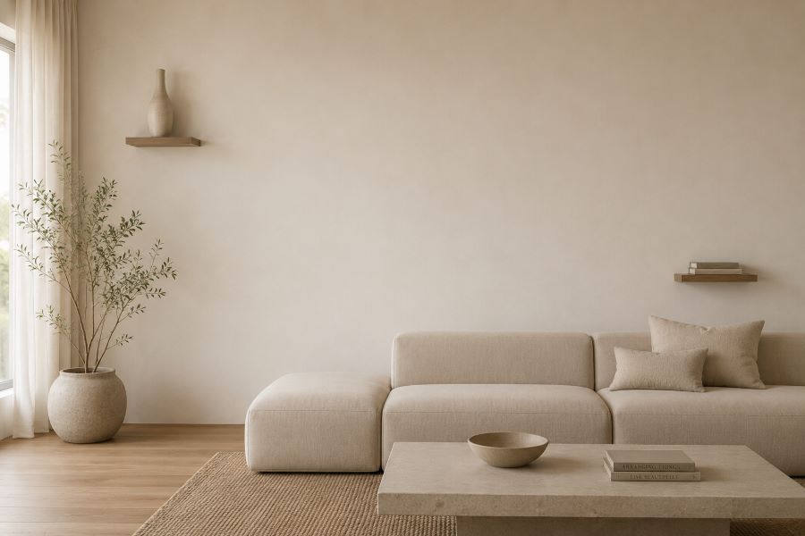 Minimalist beige living room single floating shelf with vase