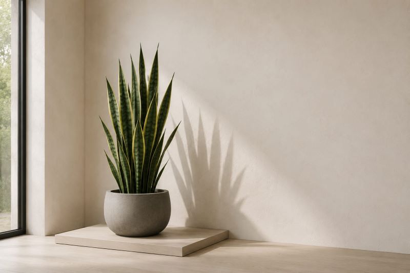 Snake plant in stone pot japandi beige corner
