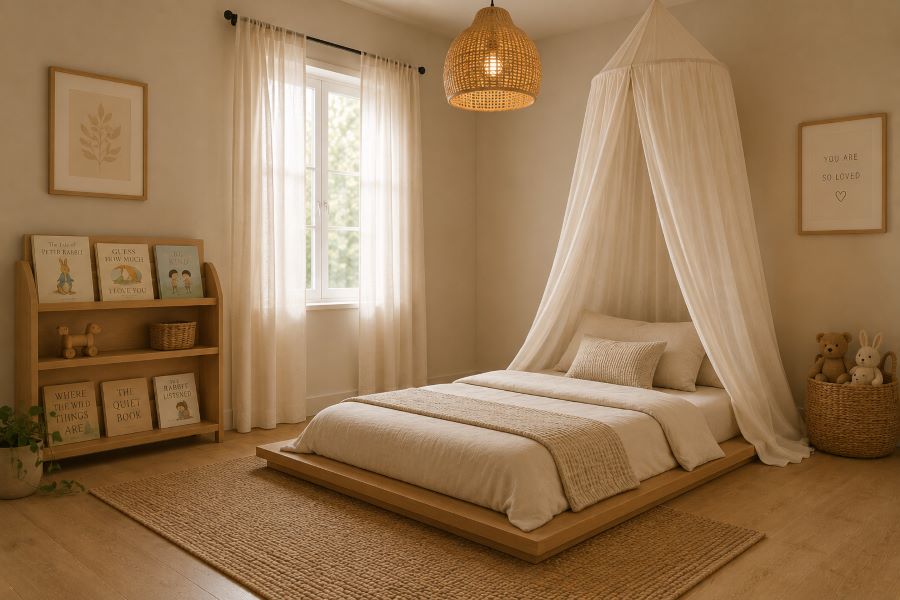 Neutral Montessori floor bed kids bedroom