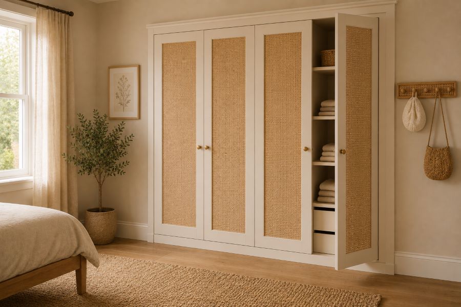 Neutral wardrobe rattan inserts kids bedroom decor