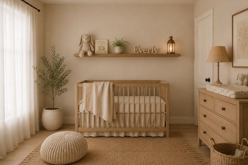 Dreamy beige nursery floating shelf above wooden crib
