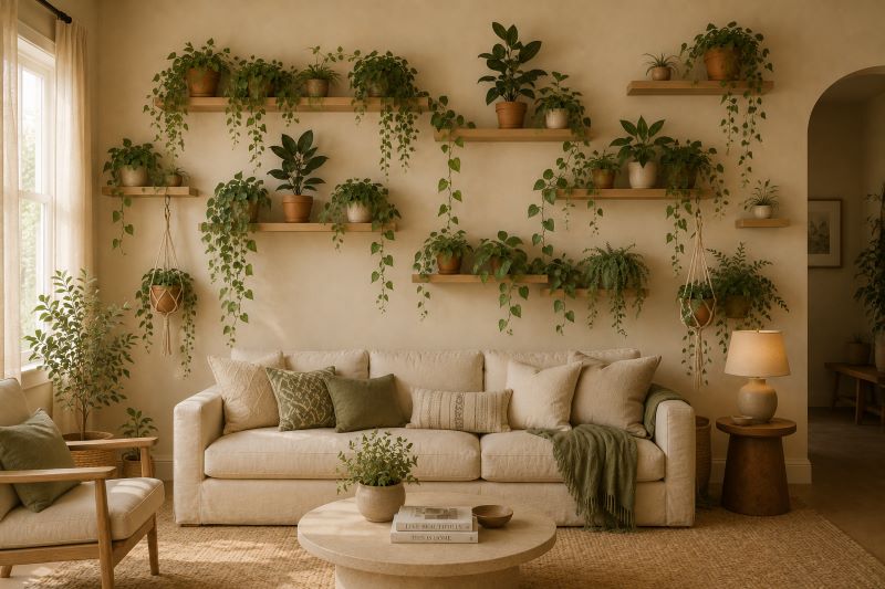 Lush beige living room wall with plant-filled floating shelves