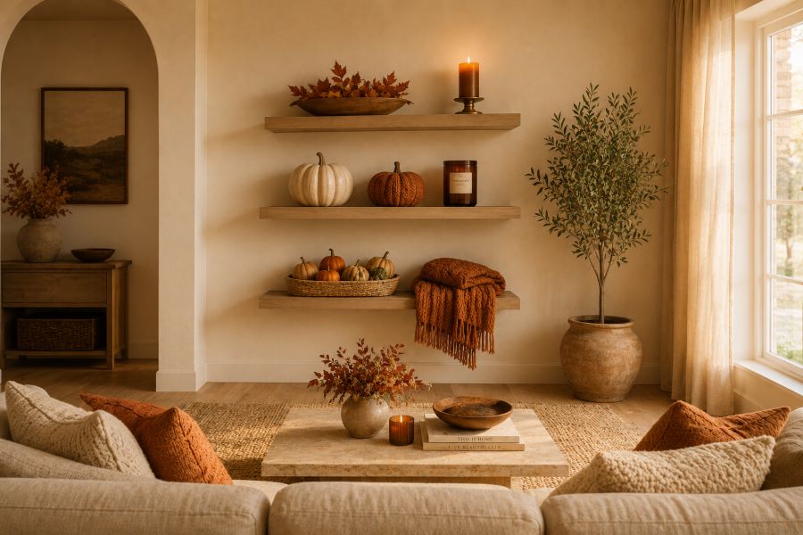  Warm beige living room floating shelf styled for autumn