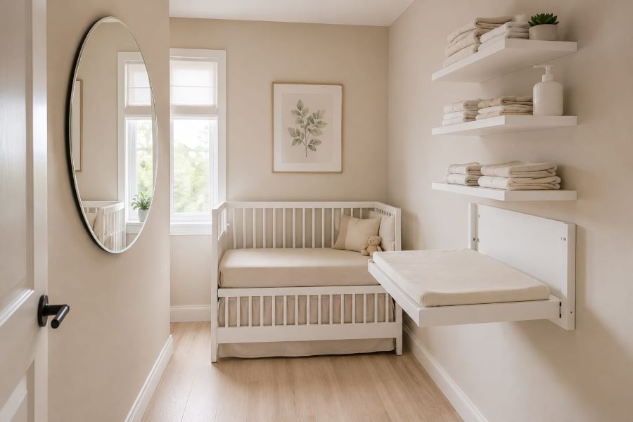Small beige nursery with space saving ideas mini crib