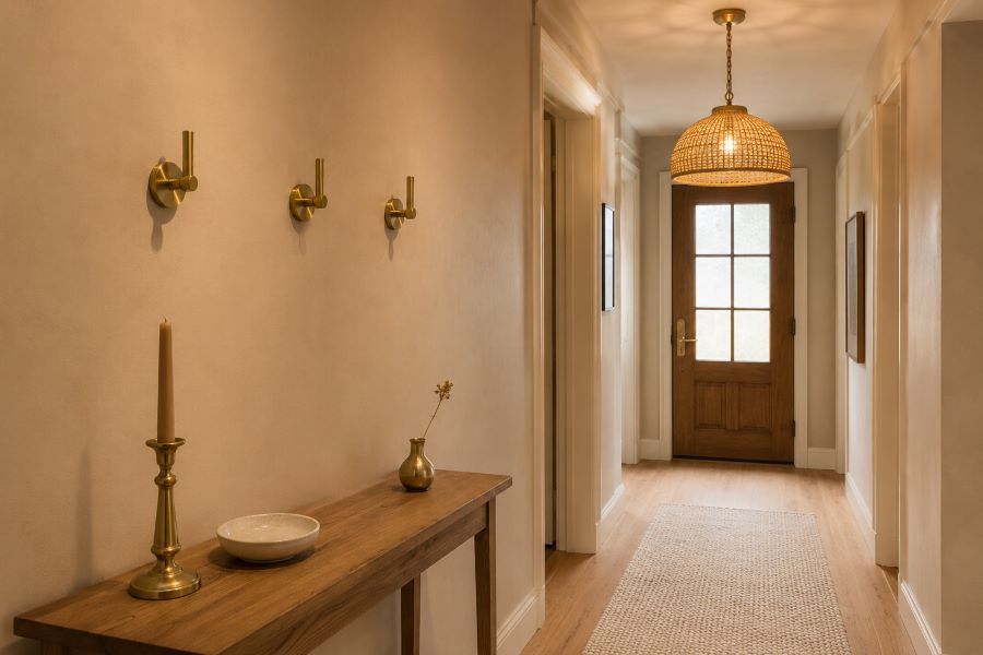 Beige hallway with brushed brass hooks and metallic accents
