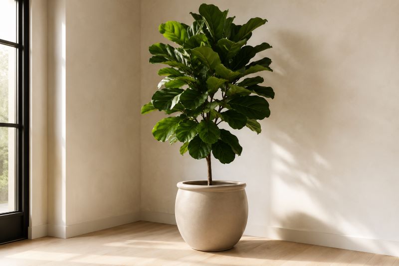 Tall Sculptural fig indoor plant corner with green fig plants