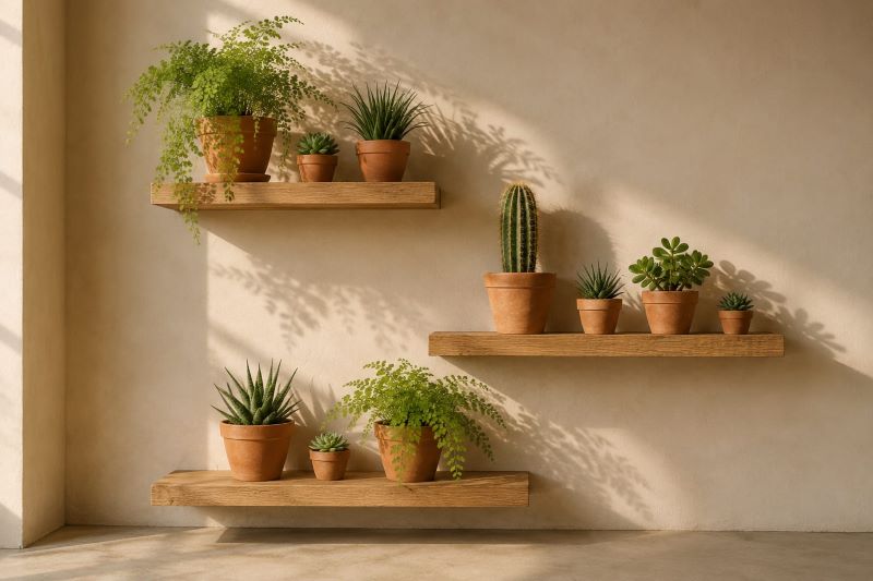 Oak floating shelves for beige indoor plant corner display