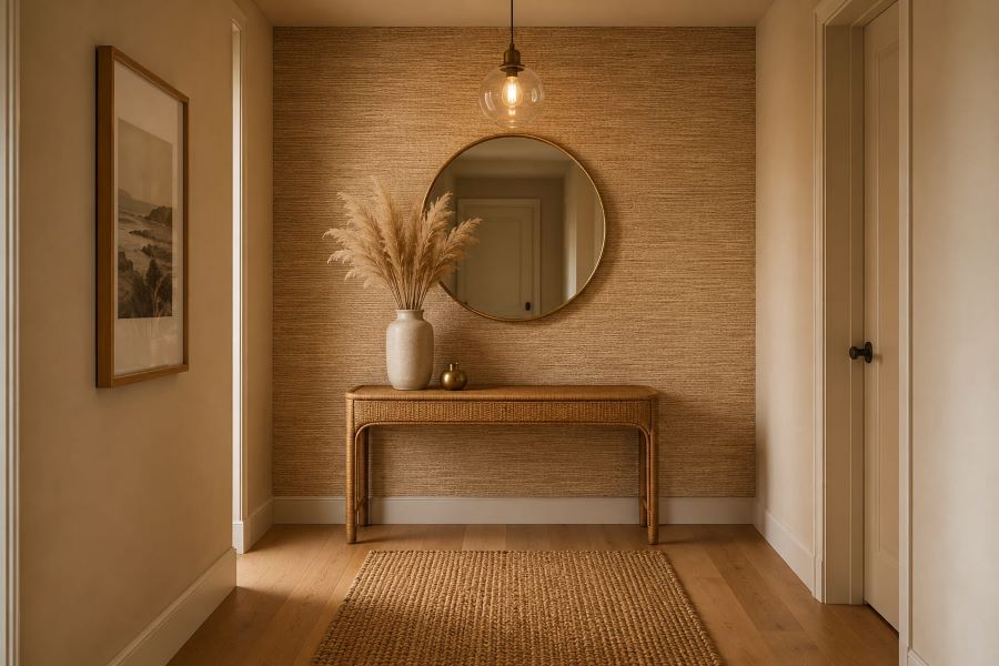 Grasscloth wallpaper featured wall in warm interior
