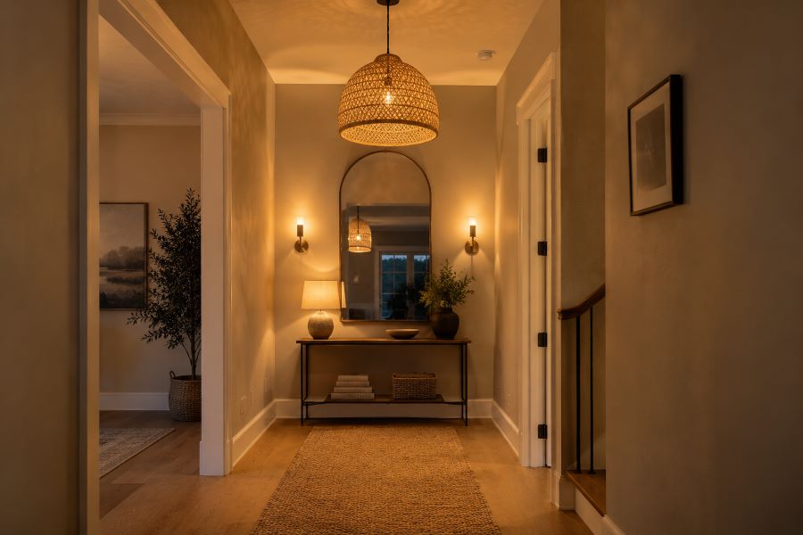 Beige hallway with rattan pendant and brass wall sconces