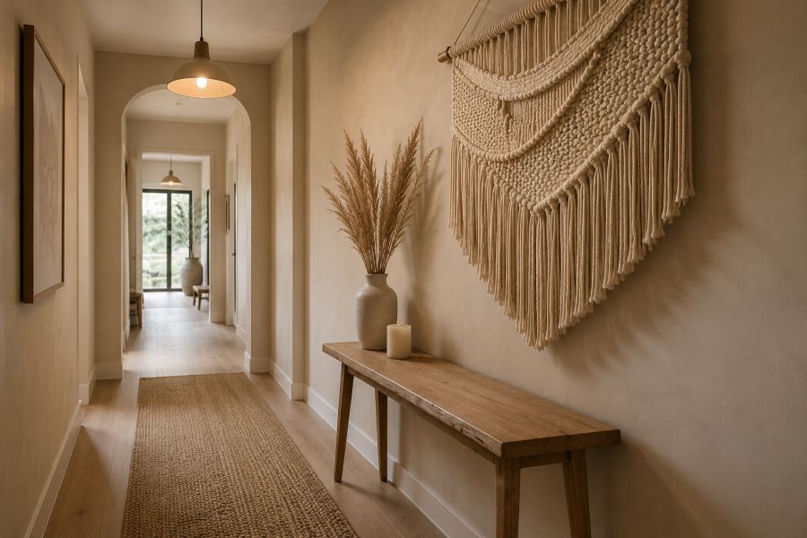 Woven wall hanging above console table in hallway