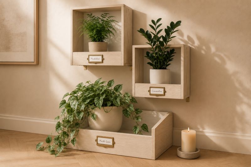 Whitewashed oak crates with trailing pothos beige corner