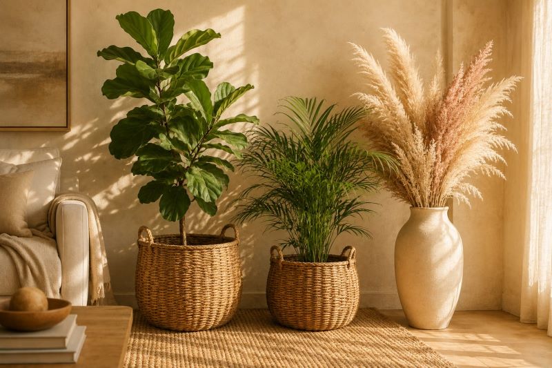  Wicker basket planters with fiddle leaf fig pampas grass
