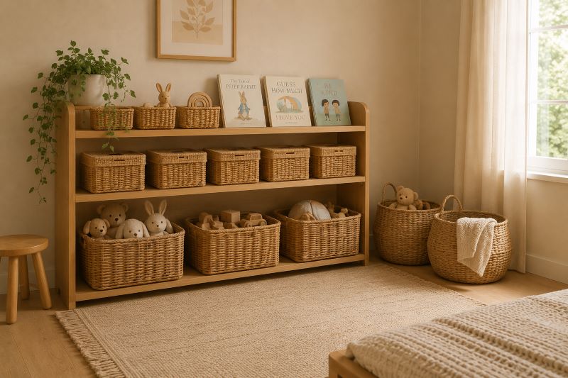 Wicker toy storage baskets kids bedroom decor