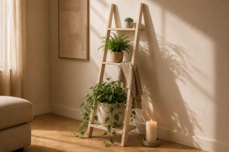 Bleached oak ladder styled with trailing pothos corner