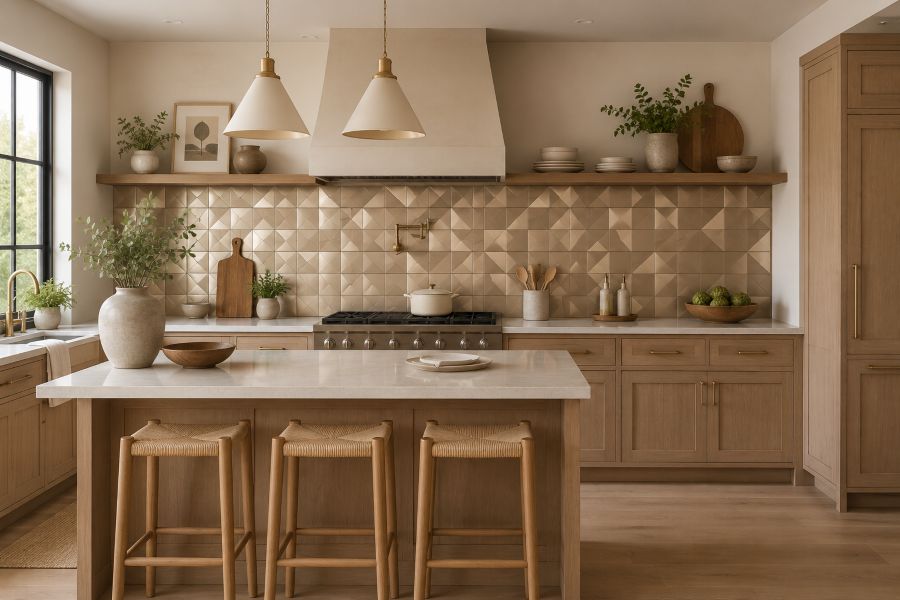 3D textured backsplash wallpaper design for modern kitchen