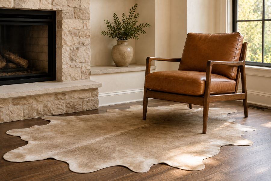 Neutral hide rug placement beside fireplace accent chair