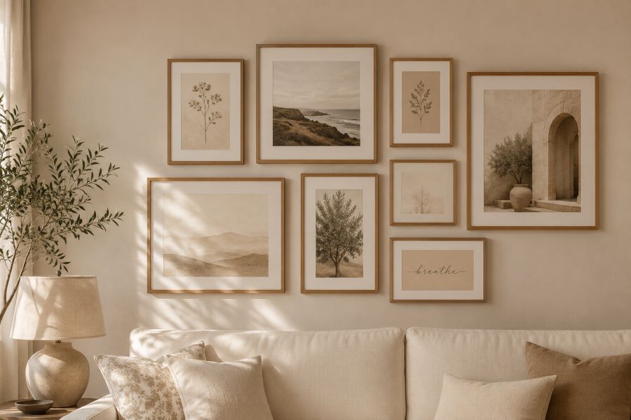 Monochrome framed gallery wall living room