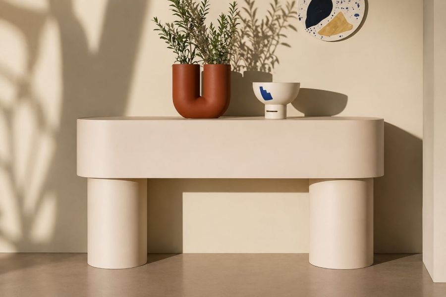 modern beige console table with cylindrical legs for hallway decor