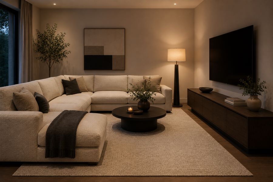 TV lounge sectional on low-pile rug placement