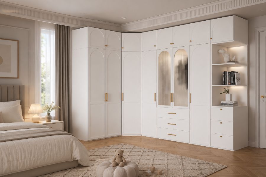 Bedroom furniture including modern white corner wardrobe with extra storage