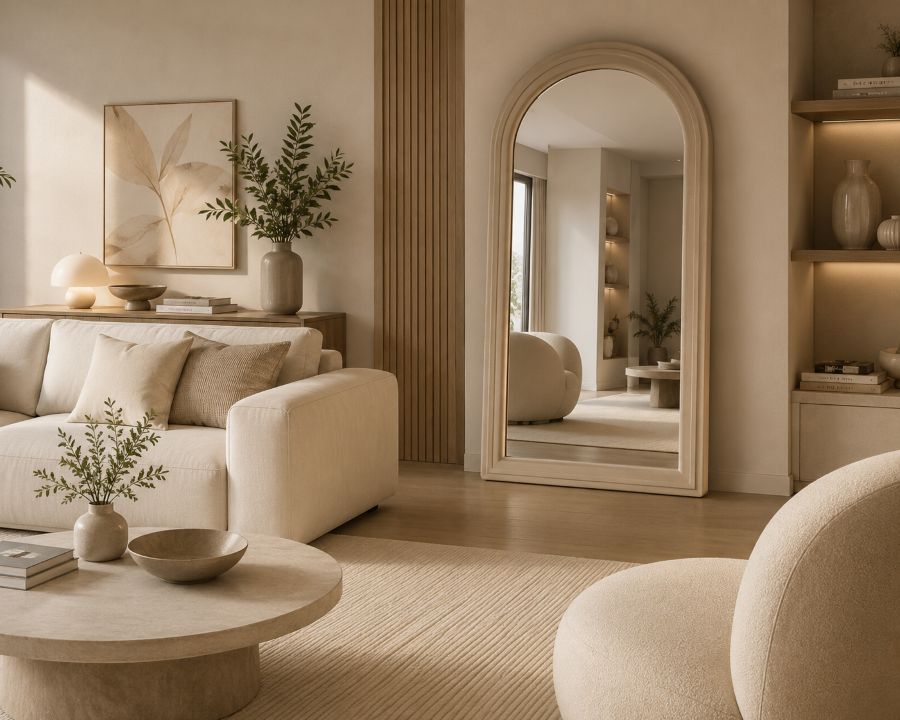 arched beige standing mirror as modern living room furniturre