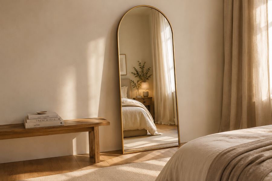  Arched floor mirror leaning against beige wall
