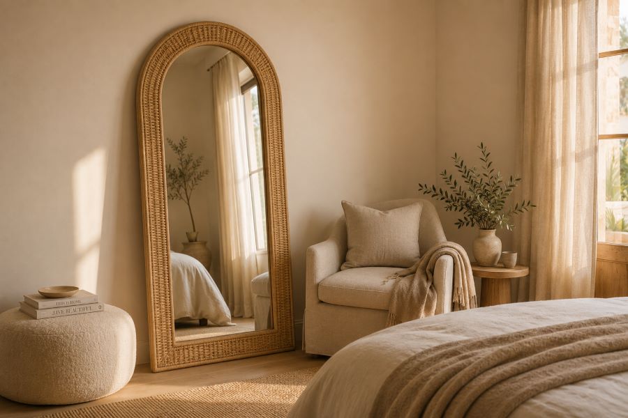 Arched mirror with rattan border bedroom