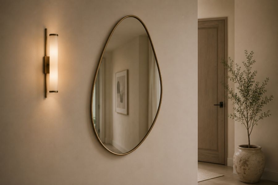 Asymmetrical organic mirror hallway wall sconce