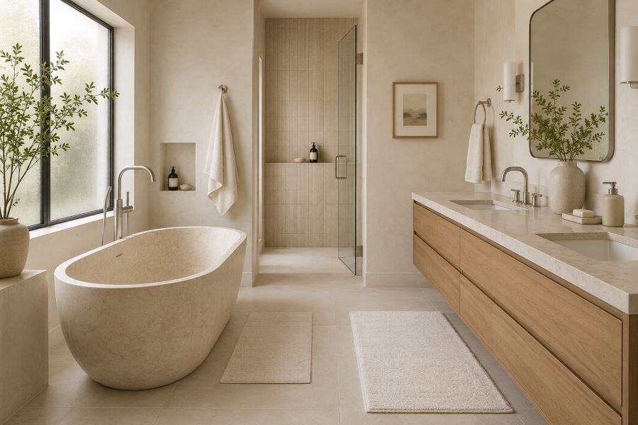 Spa-style bathroom with soft cotton mats and rugs placement ideas