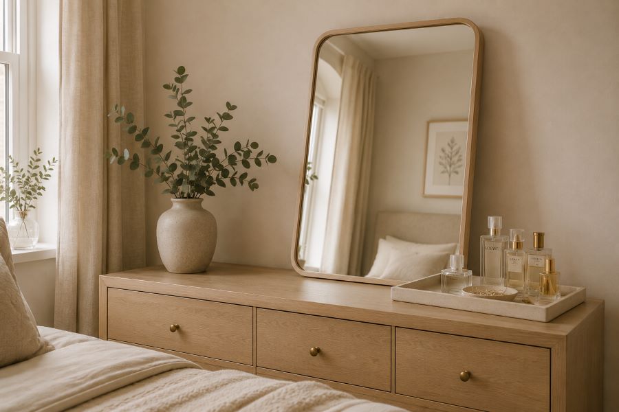 Tabletop leaning mirror decor ideas beige bedroom dresser