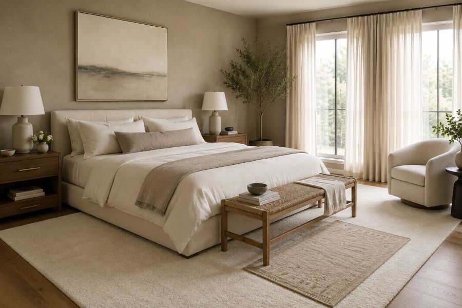 Primary bedroom with plush ivory floor rug
