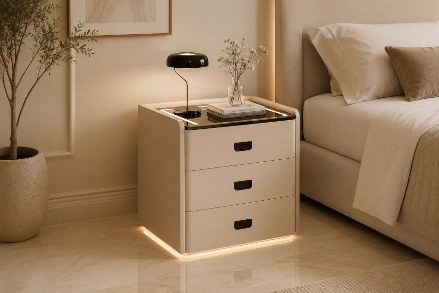 luxury beige nightstand with base LED glow 