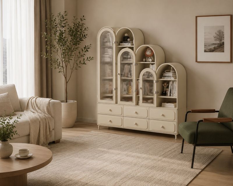 Arched storage cabinets with glass door for Luxury living room furniture