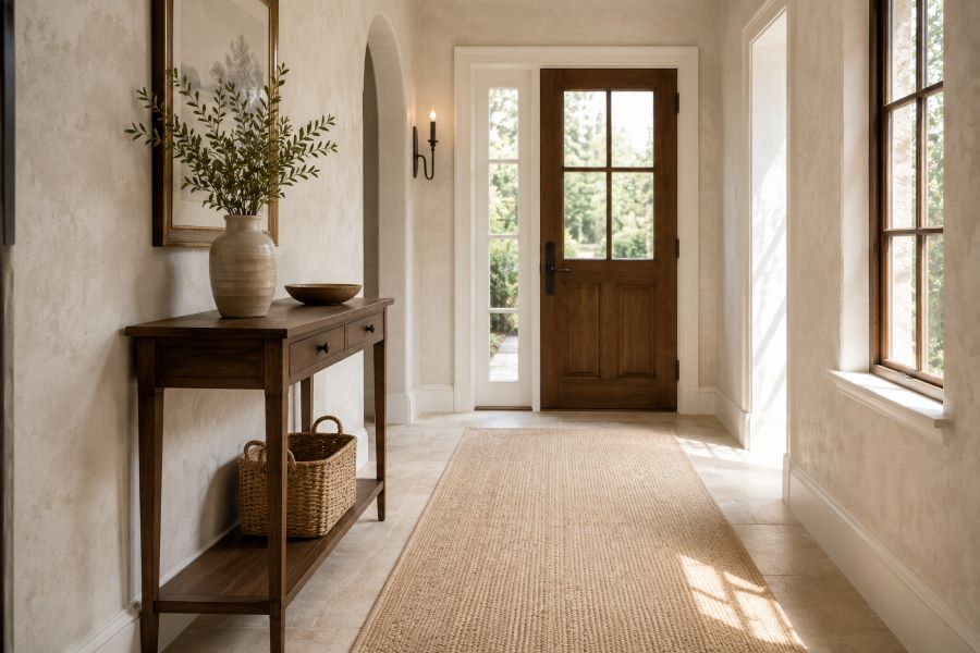 Entryway styled with durable jute runner and rug placement