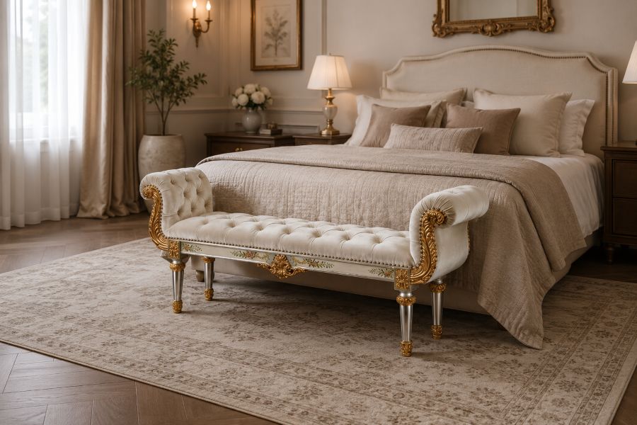 Beige French style tufted scroll-arm bench with gold legs 