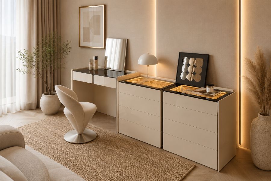 Modern glossy vanity with storage and luxury look